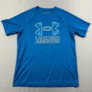 Under Armour T-Shirt Youth YLG Blue Spellout Logo Loose Fit Gym Training Running